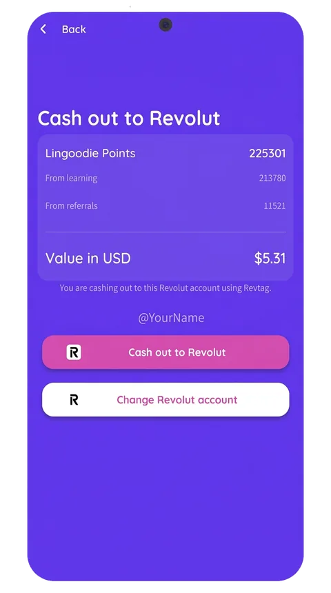 Lingoodie cashout screen